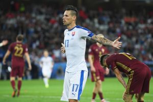 LILLE, FRANCE - JUNE 15: Marek Hamsik of Slovakia celebrates scoring his sides second goal during the UEFA EURO 2016 Group B match between Russia and Slovakia at Stade Pierre-Mauroy on June 15, 2016 in Lille, France. (Photo by Matthias Hangst/Getty Images)
