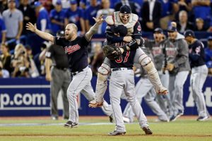 Oct 19, 2016; Toronto, Ontario, CAN; Cleveland Indians relief pitcher Cody Allen (37) and catcher Roberto Perez (55) celebrate after beating the Toronto Blue Jays in game five of the 2016 ALCS playoff baseball series at Rogers Centre. Mandatory Credit: John E. Sokolowski-USA TODAY Sports