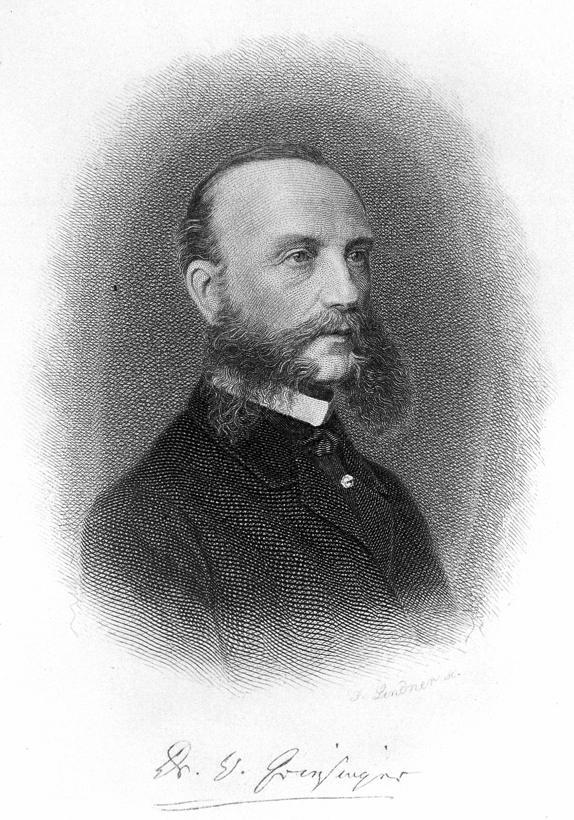 L0015537 Portrait of Wilhelm Griesinger Credit: Wellcome Library, London. Wellcome Images images@wellcome.ac.uk http://wellcomeimages.org Portrait of Wilhelm Griesinger Engraving Die Pathologie und Therapie der psychischen Krankheiten Griesinger, Wilhelm Published: 1871 Copyrighted work available under Creative Commons Attribution only licence CC BY 4.0 http://creativecommons.org/licenses/by/4.0/